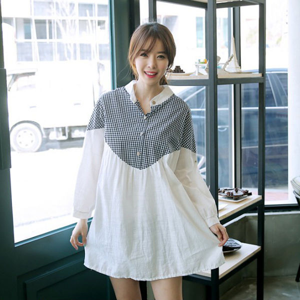 CasualLoose-fittingWhiteCheckeredPrintSplitLongSleeveWomenWhiteBlouse-XFE120823WI