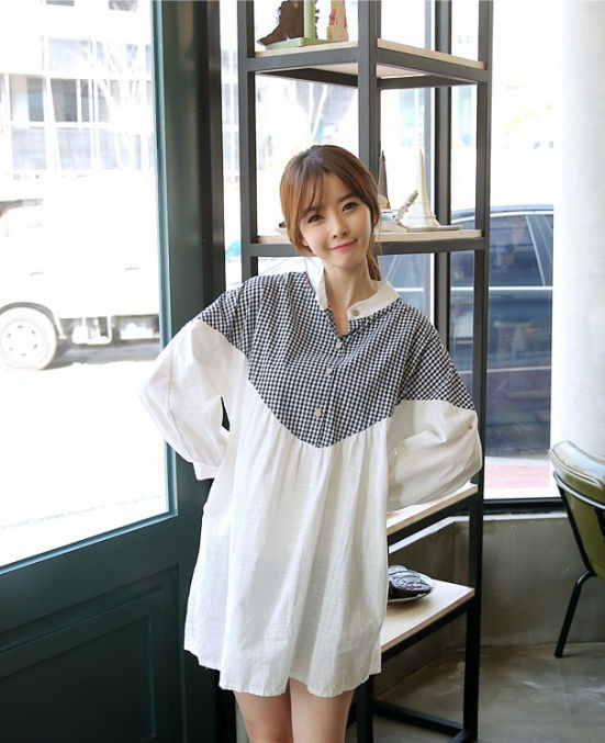 CasualLoose-fittingWhiteCheckeredPrintSplitLongSleeveWomenWhiteBlouse-XFE120823WI