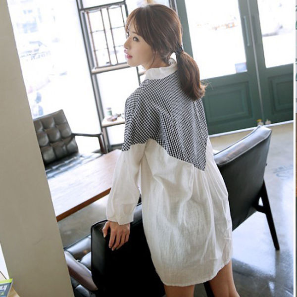 CasualLoose-fittingWhiteCheckeredPrintSplitLongSleeveWomenWhiteBlouse-XFE120823WI