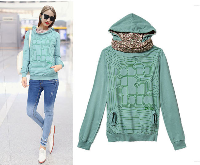 CasualWomenPrintingLongSleeveGreenHoodies-ZME083102GE