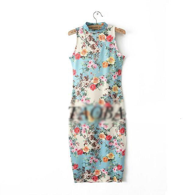 CharmingFlowerPrintStandCollarWrapSleevelessTightDress-DFE041744