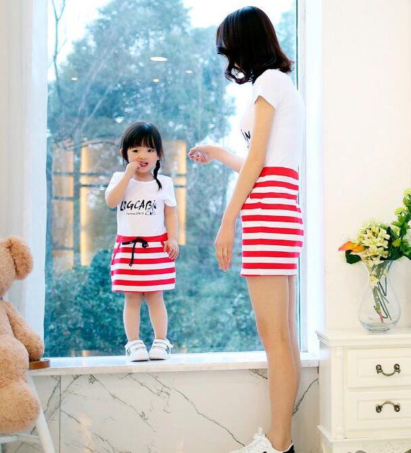 CheapClothesForMotherAndDaughterTShirtWithStripedSkirt-CMK070517