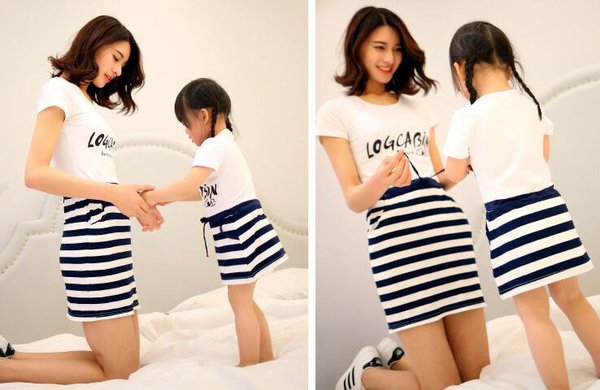 CheapClothesForMotherAndDaughterTShirtWithStripedSkirt-CMK070517