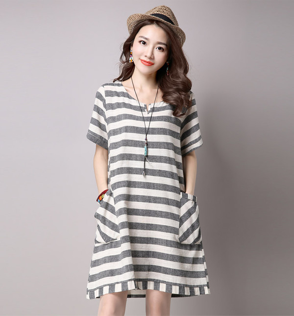 CheapKoreanStripedPocketsCasualDresses-ZFK062751DG