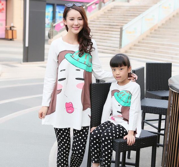 CheapMotherAndDaughterClothingPrintTopWithDotPants-CMK081010