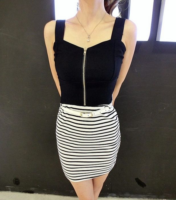 CheaperHotSexyZipperDressFemaleFauxPureColorStripedSplicedSquareNeckSleevelessDressesWithSashes-FT032645BA