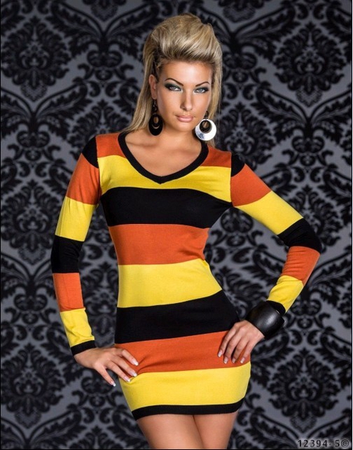 ChicDesignElegantTemperamentStripeSplicedLongSleeveDress-DMR121108YL