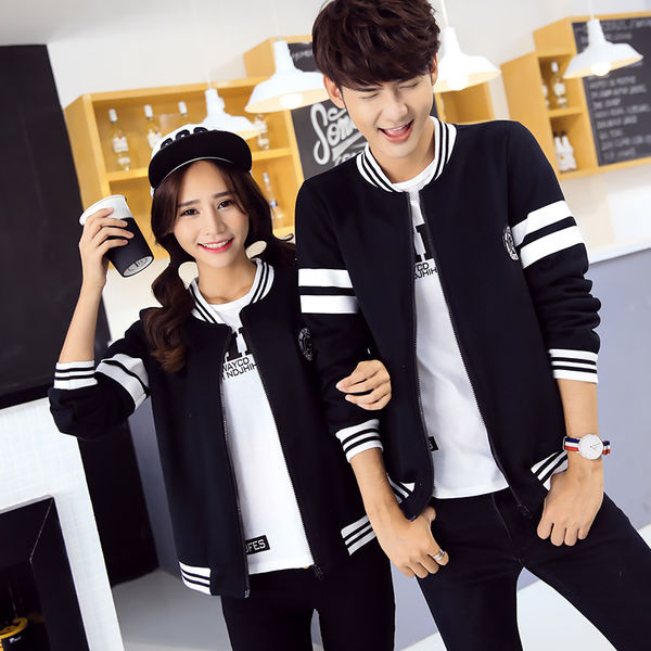 ClassicLookBlackPrintSlimWearZipLongSleeveCoupleCoat-XFE090120BA