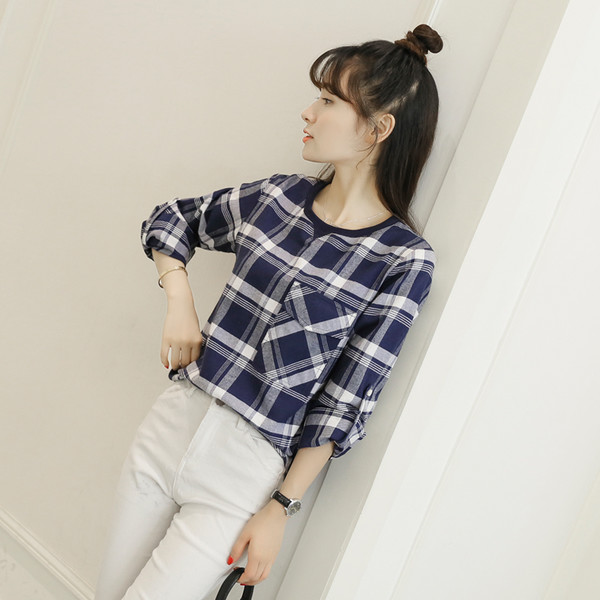 CollegeStylePlaidONeckLongSleeveBlouse-CMK091336DB