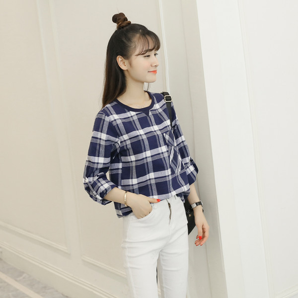 CollegeStylePlaidONeckLongSleeveBlouse-CMK091336DB