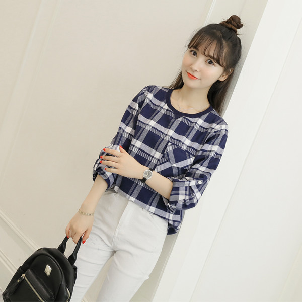 CollegeStylePlaidONeckLongSleeveBlouse-CMK091336DB