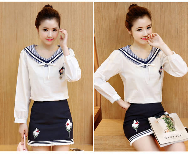 CollegeStyleVNeckPatchworkBlouseTops-CMK090942WI