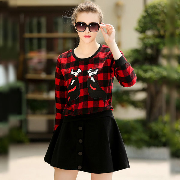 CollegeStyleWomenLongSleevePlaidPatternTopWithBlackButtonSkirt-ZME092248