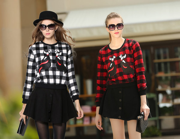 CollegeStyleWomenLongSleevePlaidPatternTopWithBlackButtonSkirt-ZME092248