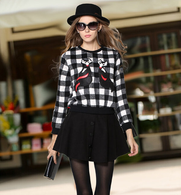 CollegeStyleWomenLongSleevePlaidPatternTopWithBlackButtonSkirt-ZME092248