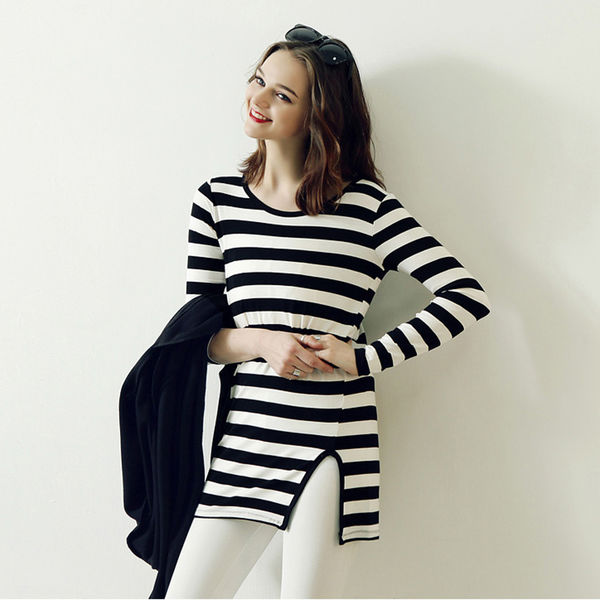 ConciseDesignLongSleeveStripedONeckCheapT-Shirt-XFE093037