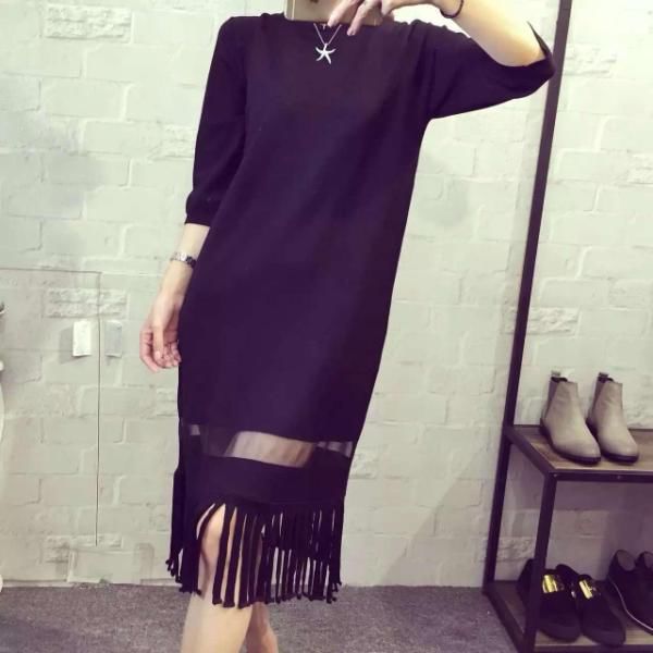 ConciseStyleLoose-fittingBlackFringedDressForWomen-XFE082838BA