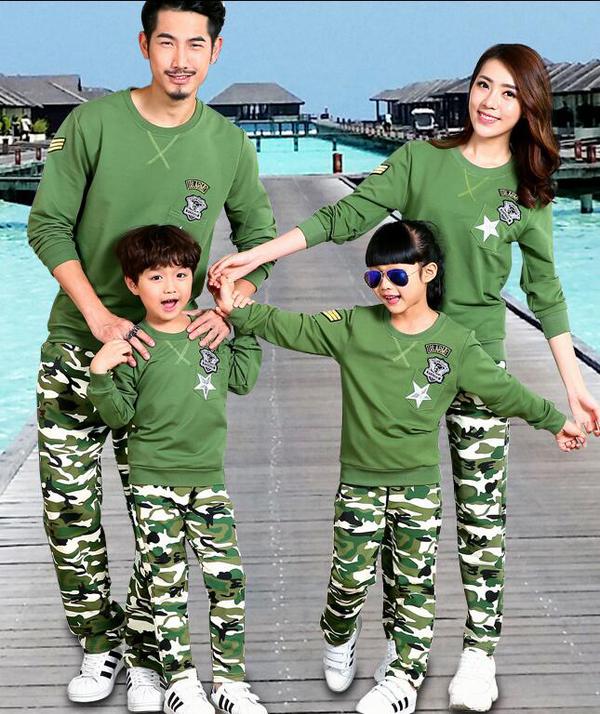 CoolFamilyMatchingSuitsGreenTopsWithCamouflageBottom-CMK081729