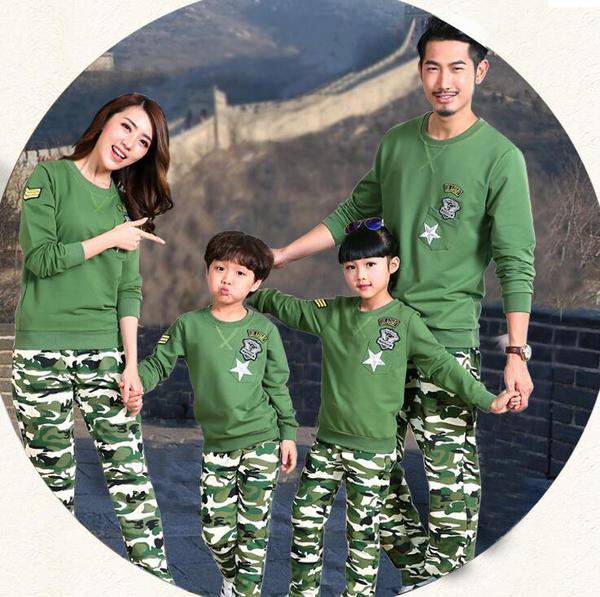 CoolFamilyMatchingSuitsGreenTopsWithCamouflageBottom-CMK081729