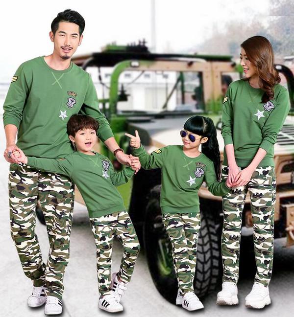 CoolFamilyMatchingSuitsGreenTopsWithCamouflageBottom-CMK081729