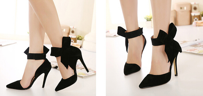 CuteBowknotThinHighHeelBlackPumpsPoniedToeWholesalePumps-DFE040339BA