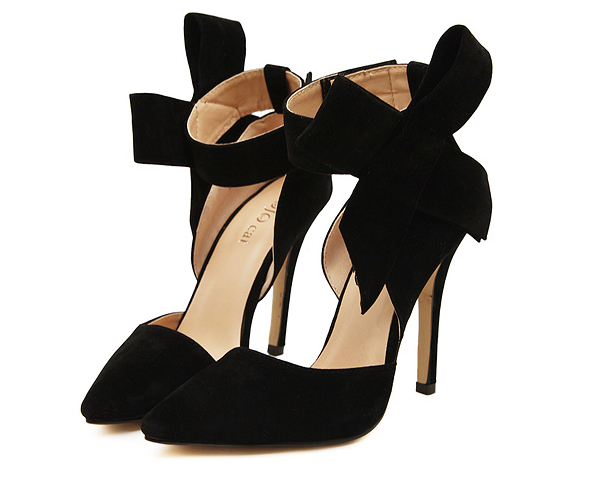 CuteBowknotThinHighHeelBlackPumpsPoniedToeWholesalePumps-DFE040339BA