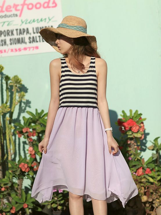 CuteFashionChiffonPatchedStripesTankPleatedDress-HR010616