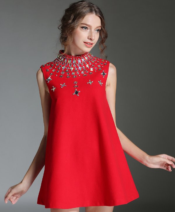 CuteGirlFashionSleevelessBeadingStandNeckA-LineRedMiniPartyDresses-ZME101418RD