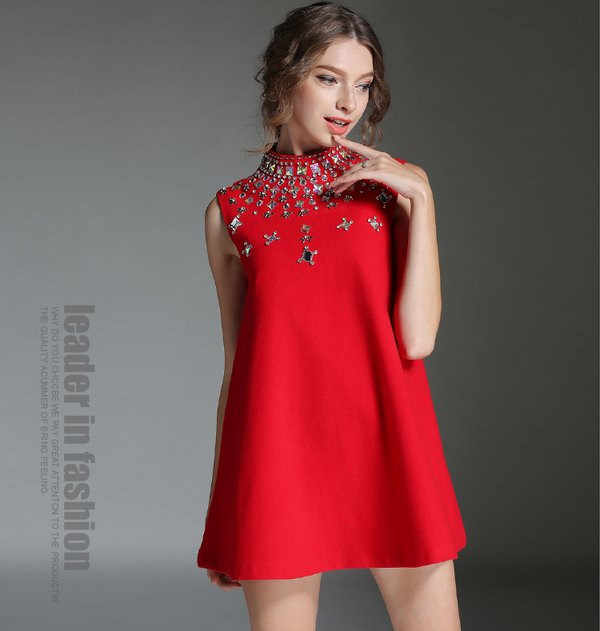 CuteGirlFashionSleevelessBeadingStandNeckA-LineRedMiniPartyDresses-ZME101418RD