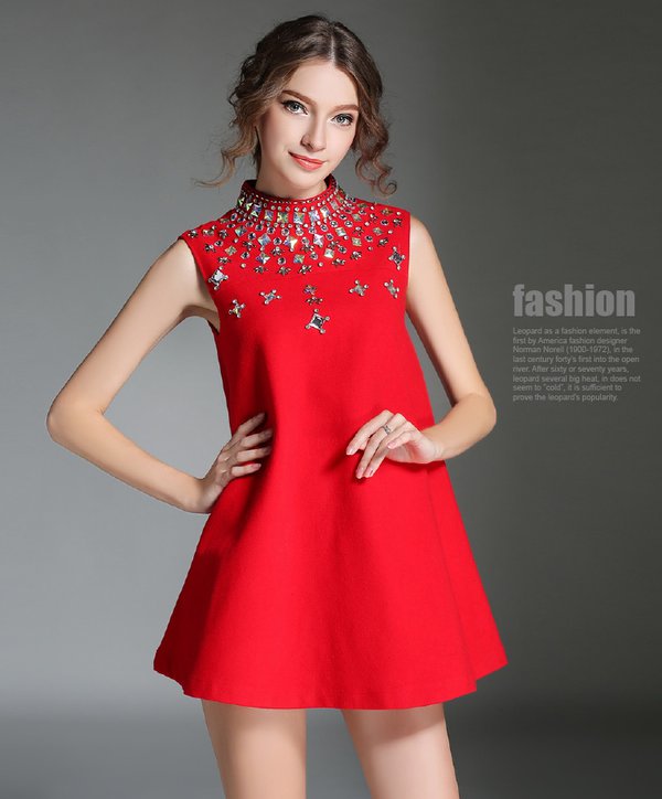 CuteGirlFashionSleevelessBeadingStandNeckA-LineRedMiniPartyDresses-ZME101418RD