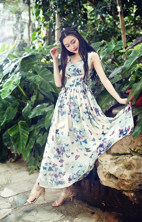 ElegantChiffonFloralPrintedLongLadiesDress-TFK050624