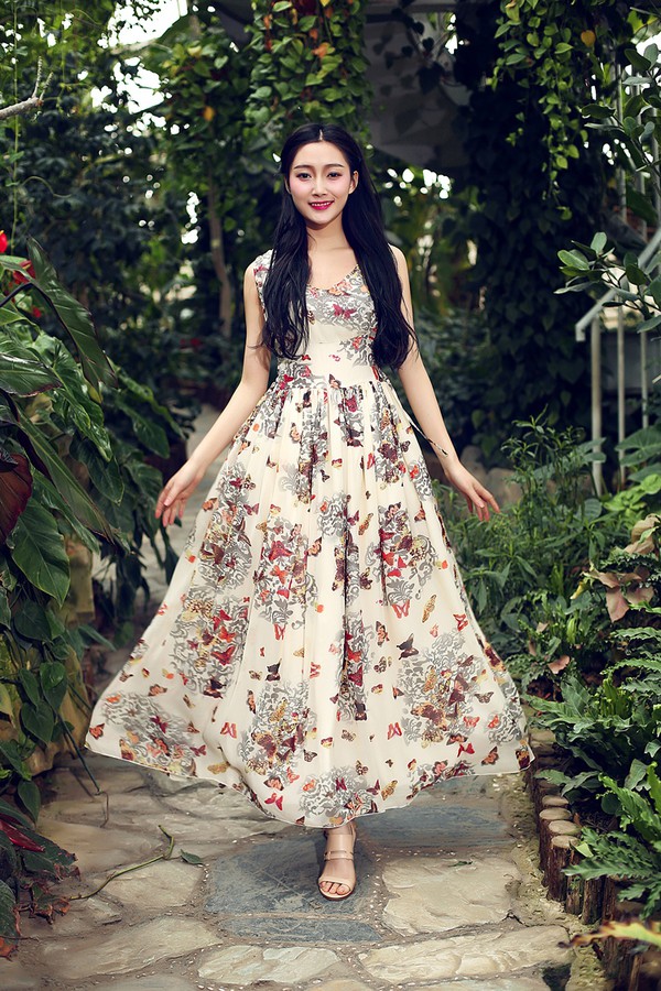 ElegantChiffonFloralPrintedLongLadiesDress-TFK050624