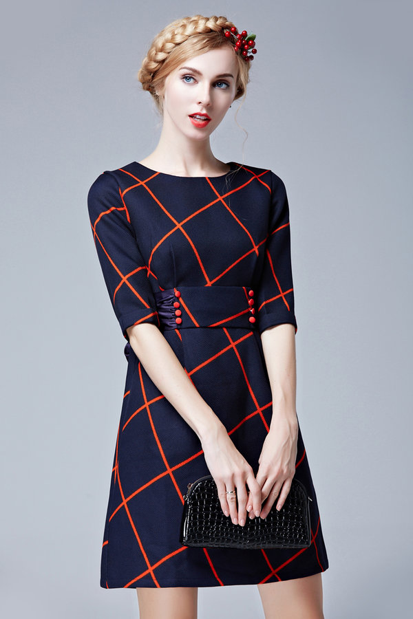 ElegantFashionWomenHalfSleevePlaidCrewNeckHighWaistMiniDresses-ZME092342