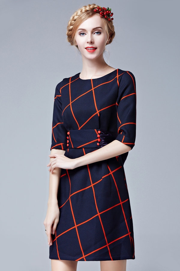 ElegantFashionWomenHalfSleevePlaidCrewNeckHighWaistMiniDresses-ZME092342