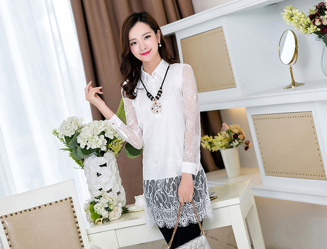 ElegantLaceSplitLongSleeveLapelBlouseHookFlowerSlimFitWhiteBlouse-DFE040719WI