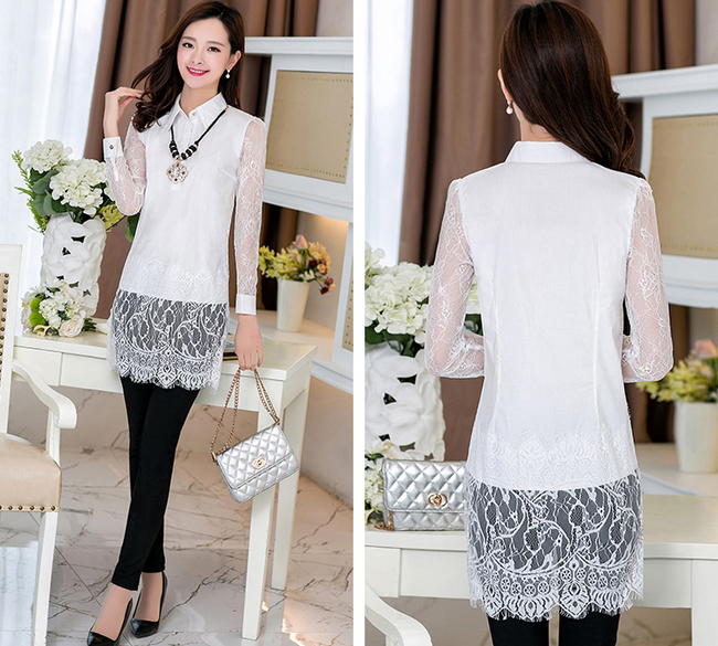 ElegantLaceSplitLongSleeveLapelBlouseHookFlowerSlimFitWhiteBlouse-DFE040719WI