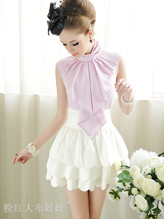 ElegantLadyStandCollarBowknotSleevelessBlouseInViolet-NL040716VO