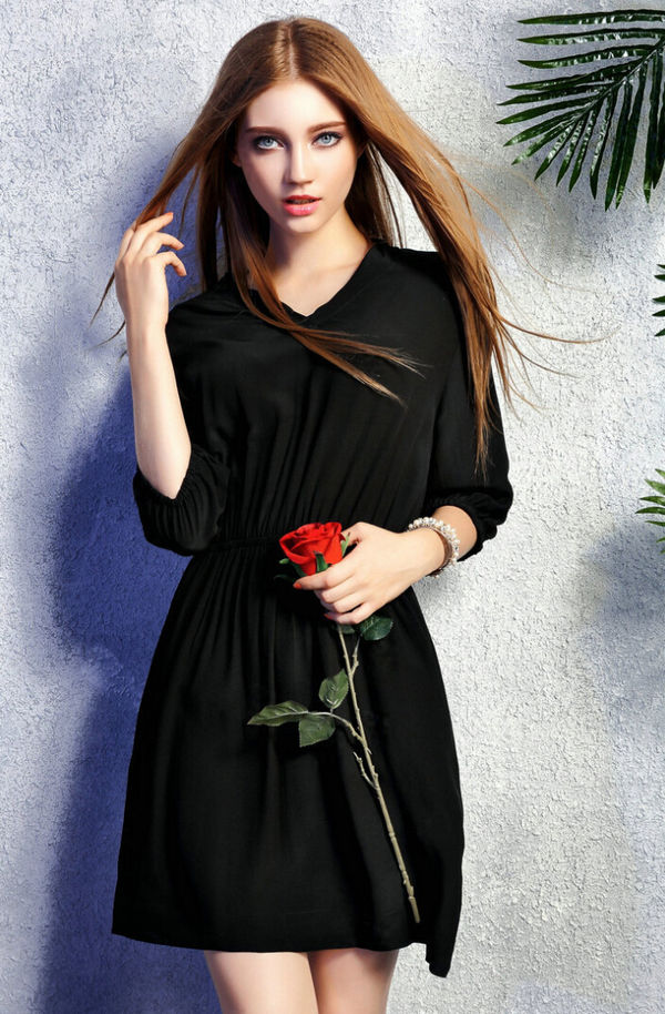 ElegantLadyWomenVNeck34SleeveSmartWaistSolidMiniDress-XFE101326