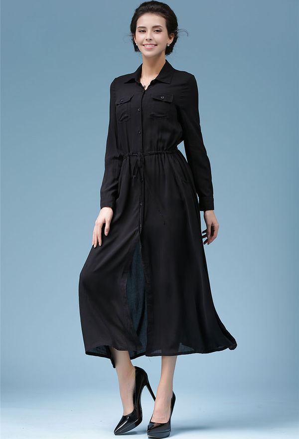 ElegantLongSleeveLadyWomenBlackLapelKoreanStyleMaxiDress-XFE103048BA