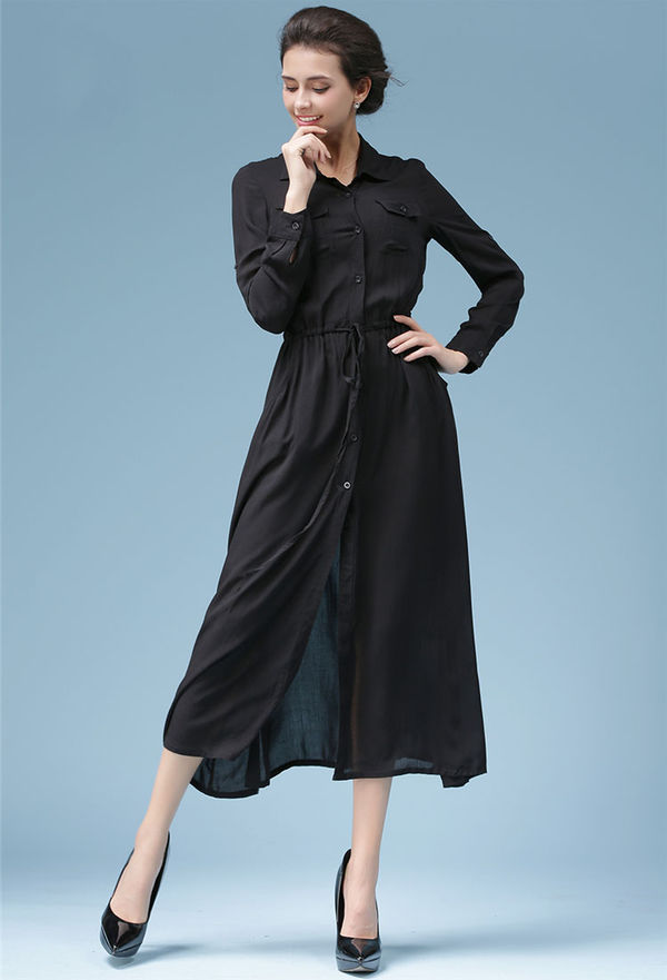 ElegantLongSleeveLadyWomenBlackLapelKoreanStyleMaxiDress-XFE103048BA