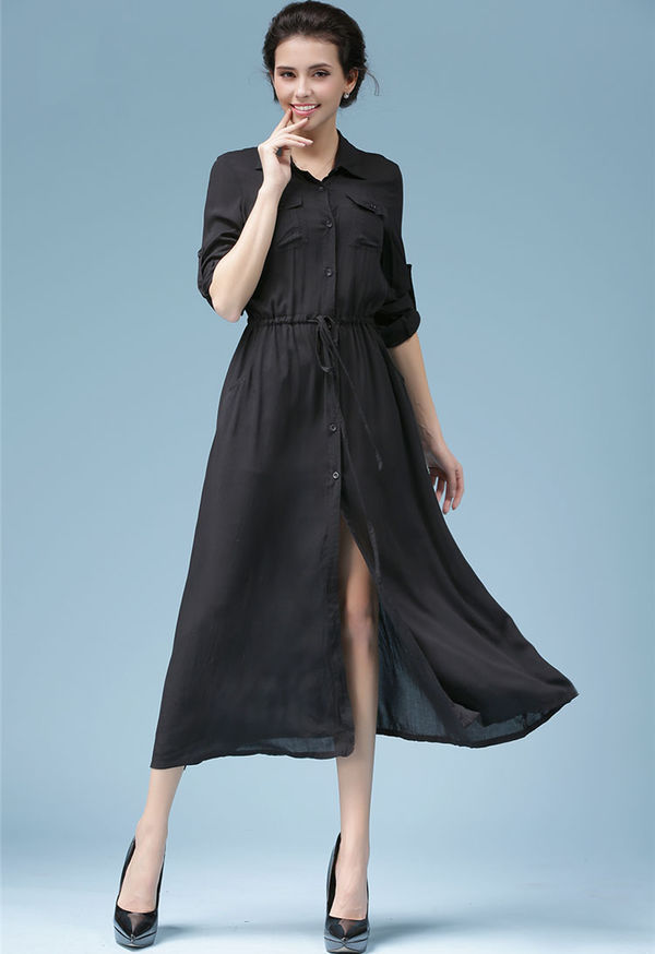 ElegantLongSleeveLadyWomenBlackLapelKoreanStyleMaxiDress-XFE103048BA