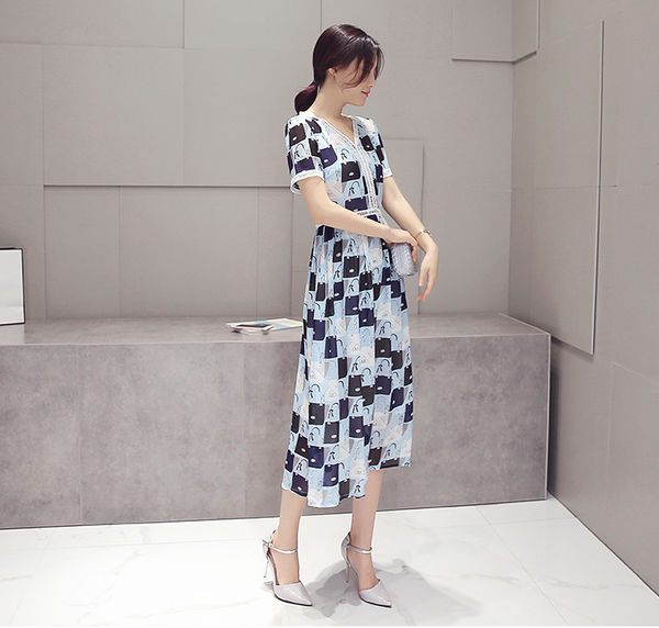 ElegantPlaidVNeckSlimBeautifulMaxiDress-TZK062839