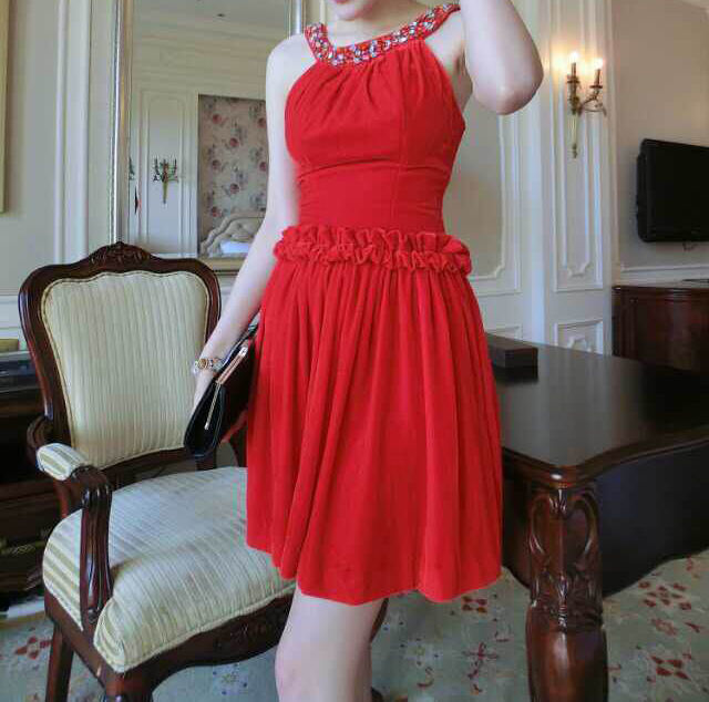 ElegantStyleRedHighQualityBeadingSlimmingHalterDress-XFE082808RD