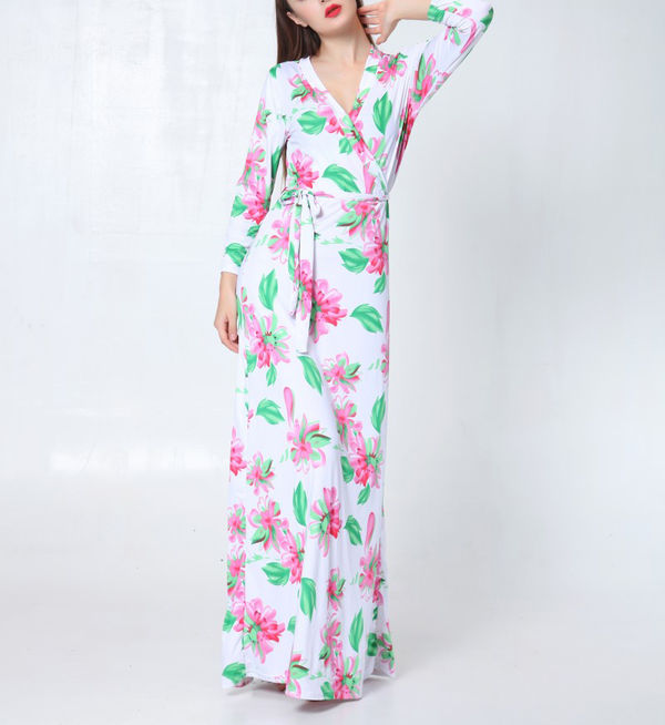 ElegantStyleSlimmingFloralPrintedLongSleeveMaxiDress-XFE082122