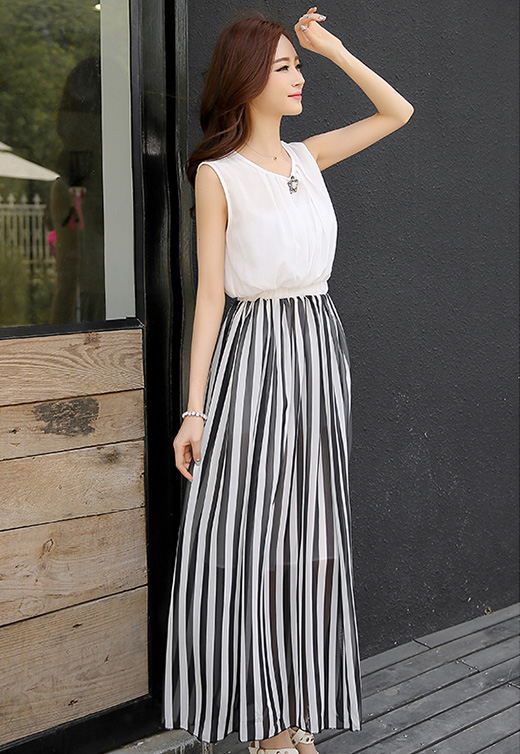 ElegantVerticalStripesV-neckEmpireWaistMaxiDress-DFE061618A