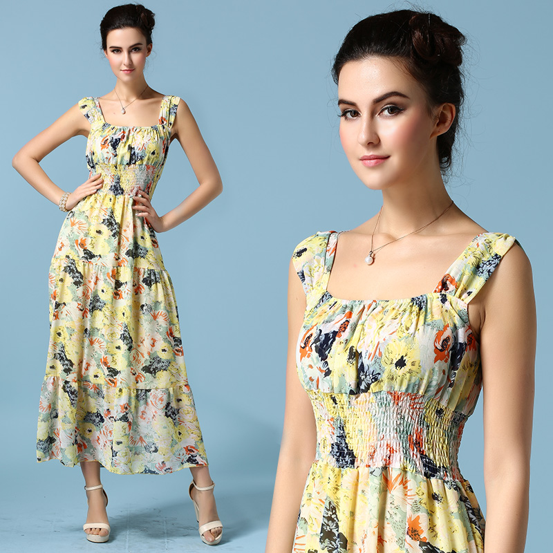 ElegantWomenCasualMaxiDressFloralPrintingSleeveYellowChiffonDress-ZME012305YL