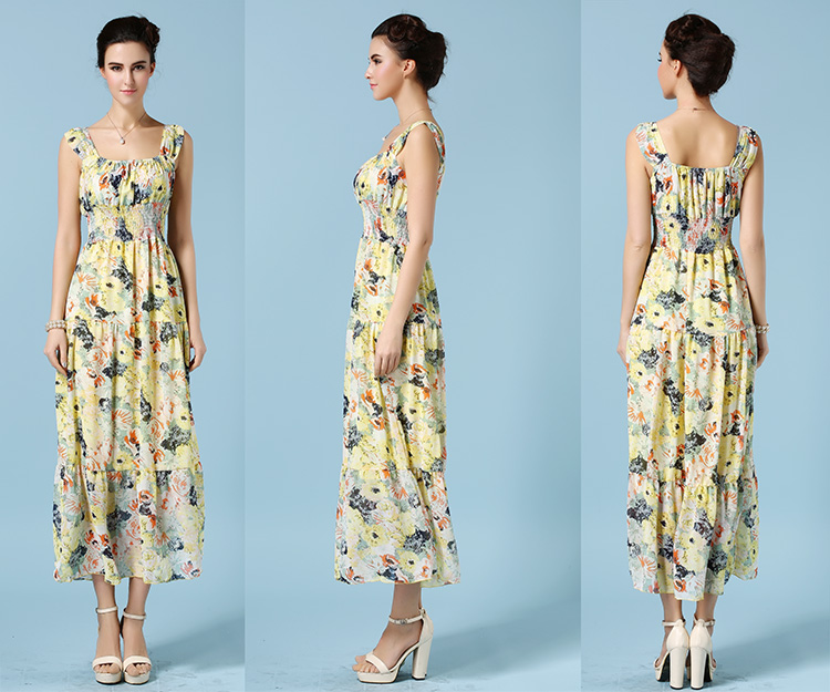 ElegantWomenCasualMaxiDressFloralPrintingSleeveYellowChiffonDress-ZME012305YL