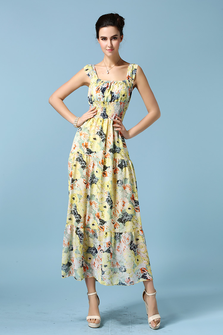 ElegantWomenCasualMaxiDressFloralPrintingSleeveYellowChiffonDress-ZME012305YL