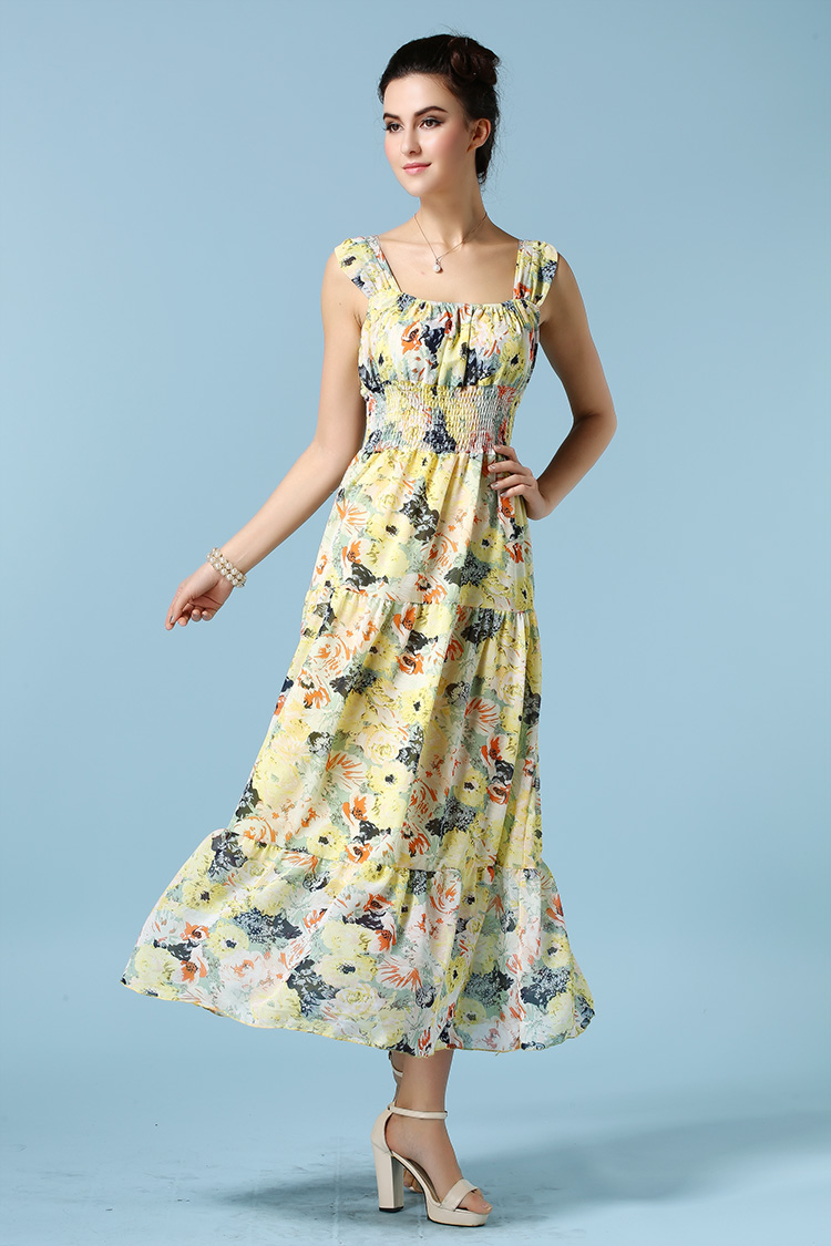 ElegantWomenCasualMaxiDressFloralPrintingSleeveYellowChiffonDress-ZME012305YL