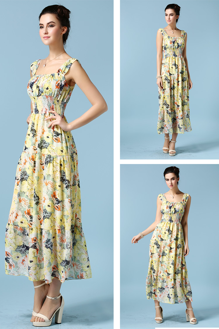 ElegantWomenCasualMaxiDressFloralPrintingSleeveYellowChiffonDress-ZME012305YL